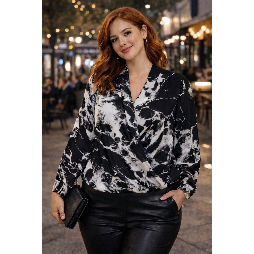 Alfani Womens Surplice Blouse Black‎ White Marble Print Size 14 Long Sleeve Top